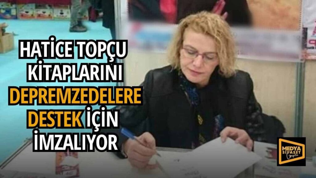 Depremzedelere destek amaçlı kitap imza gününde Hatice Topçu kitaplarını depremzedeler için imzalıyor